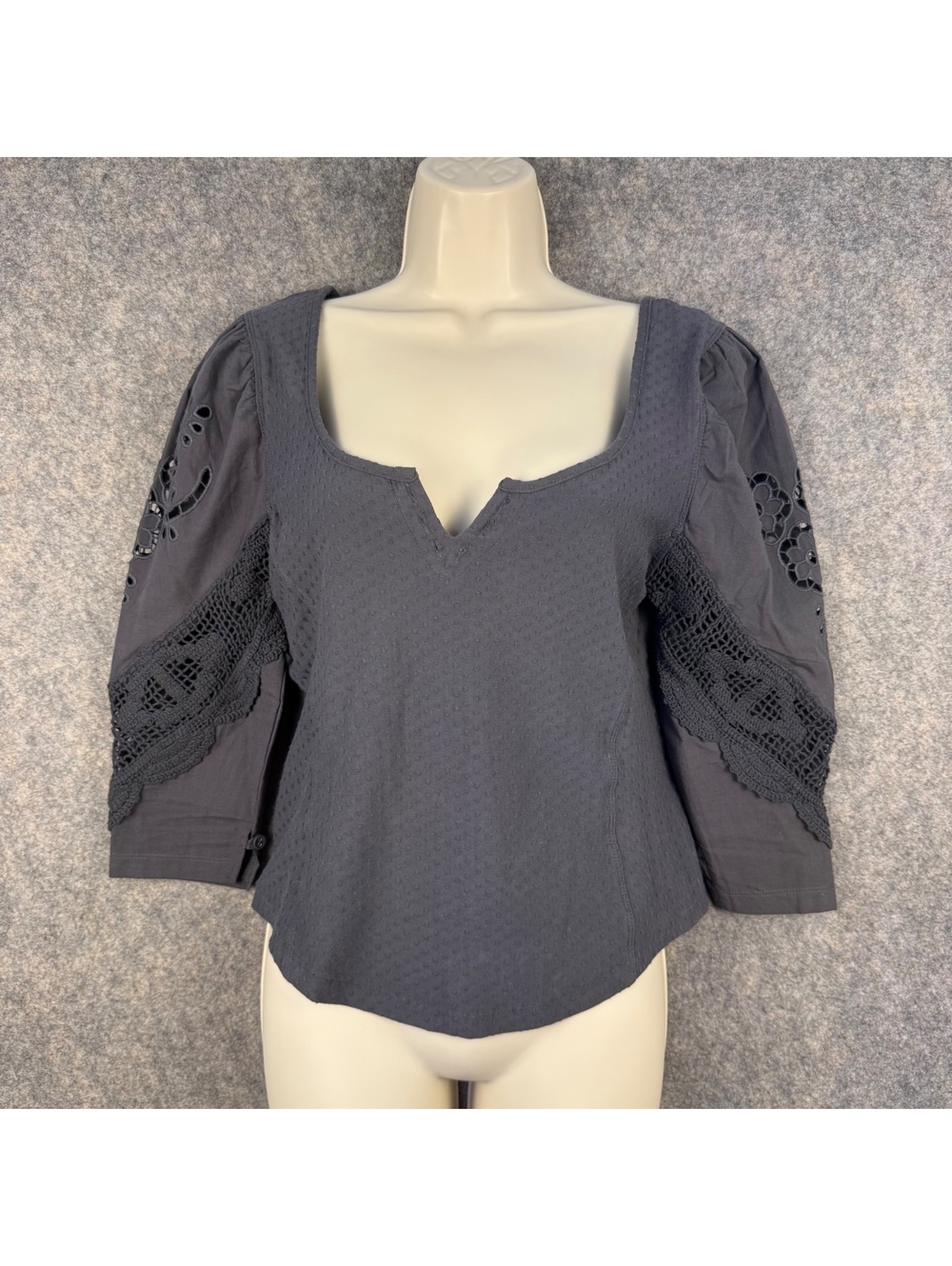 Free People 3/4 Sleeve Top Notch Neck Dark Gray Lace Insets Women Small 823